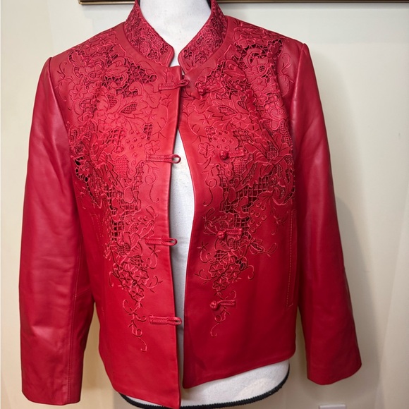 CHANEL Red Leather Jacket with Floral Embroidery Sz L - Picture 13 of 16